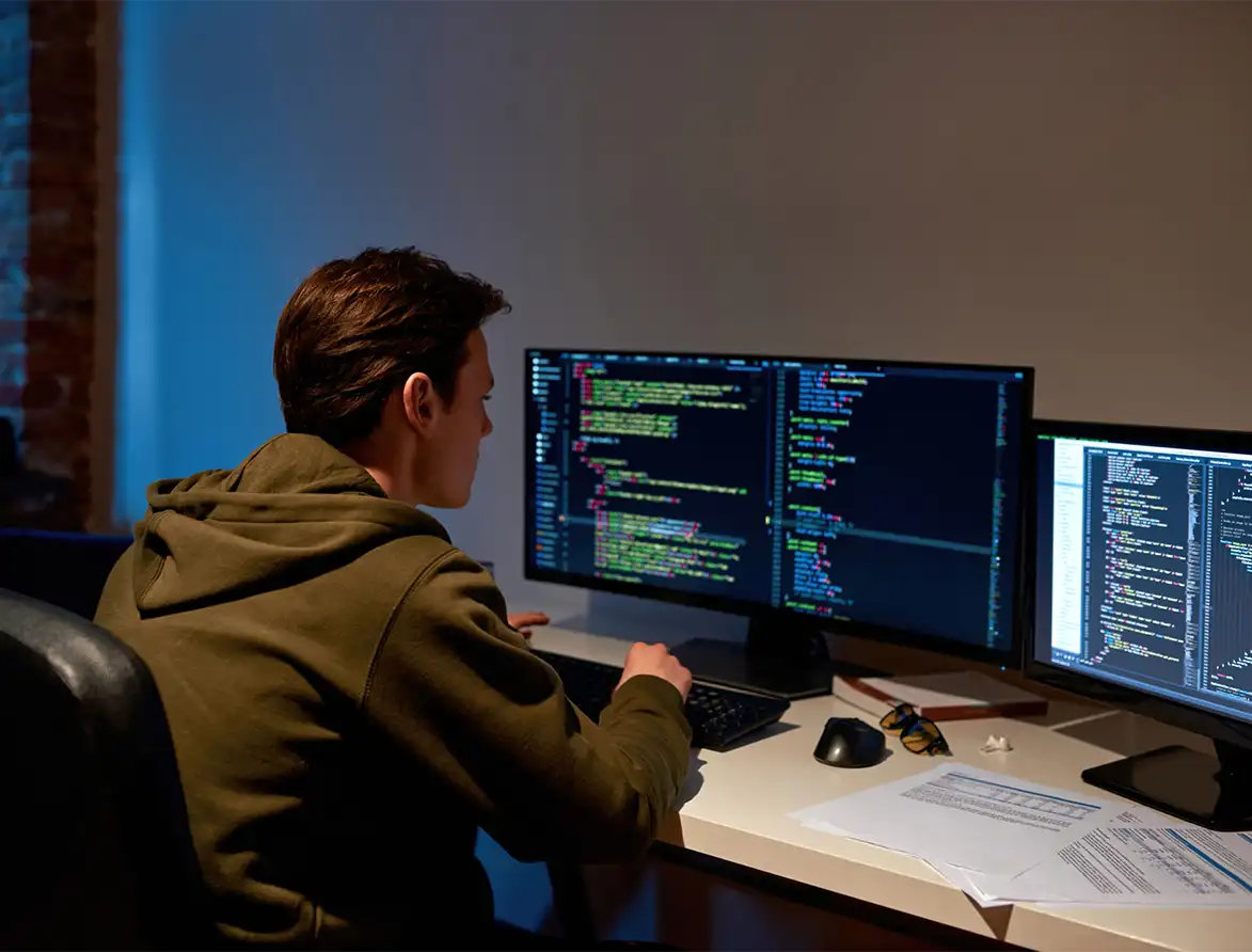 Ein junger IT-Entwickler arbeitet konzentriert an einem modernen Arbeitsplatz mit zwei Bildschirmen, die komplexen Softwarecode anzeigen – ideal für innovative Tech-Jobs und präzise Programmierkompetenz.