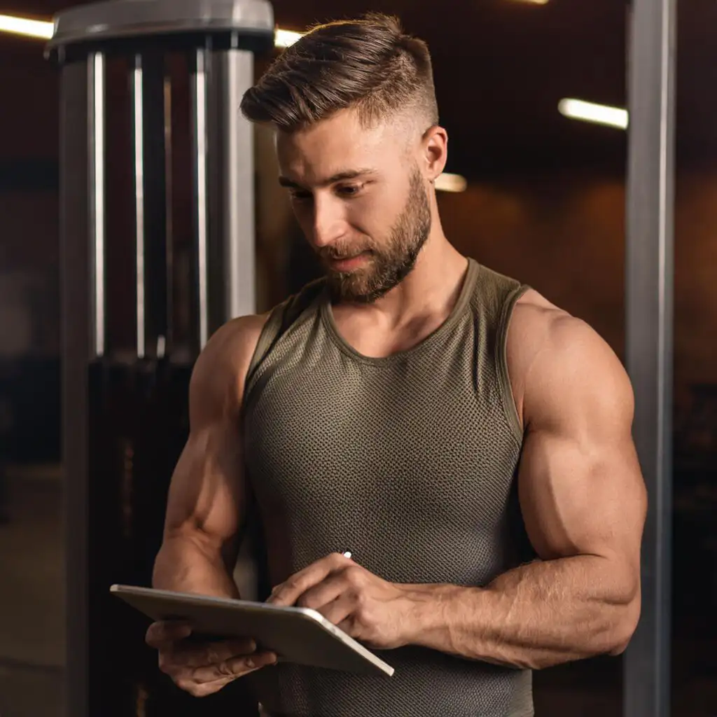 Ein junger sportlicher Mann steht in einem Fitnessstudio und unterschreibt einen Vertrag auf einem Tablet.