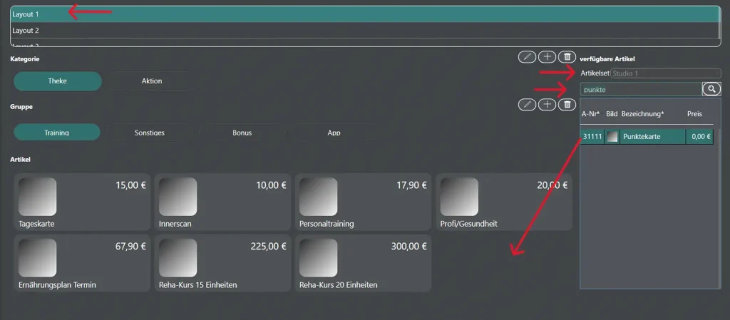 Screenshot der Nutzeroberfläche der Software CenterCom in der ein Fenster angezeigt wird. Unten sind Artikel wie "Tageskarte", "Personaltraining" etc.